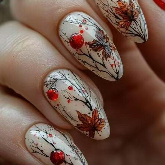 Autumn Maple Leaf Almond Wearable Nails - 24 Semi-transparent False Nail Art Pieces No