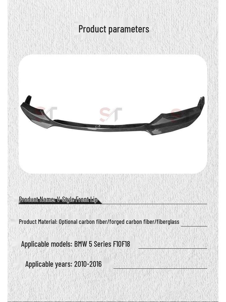 BMW 5 Series F10 F18 Carbon Fiber V-Style Front Lip, Bumper Diffuser, Splitter, and Chin Guard Modification.