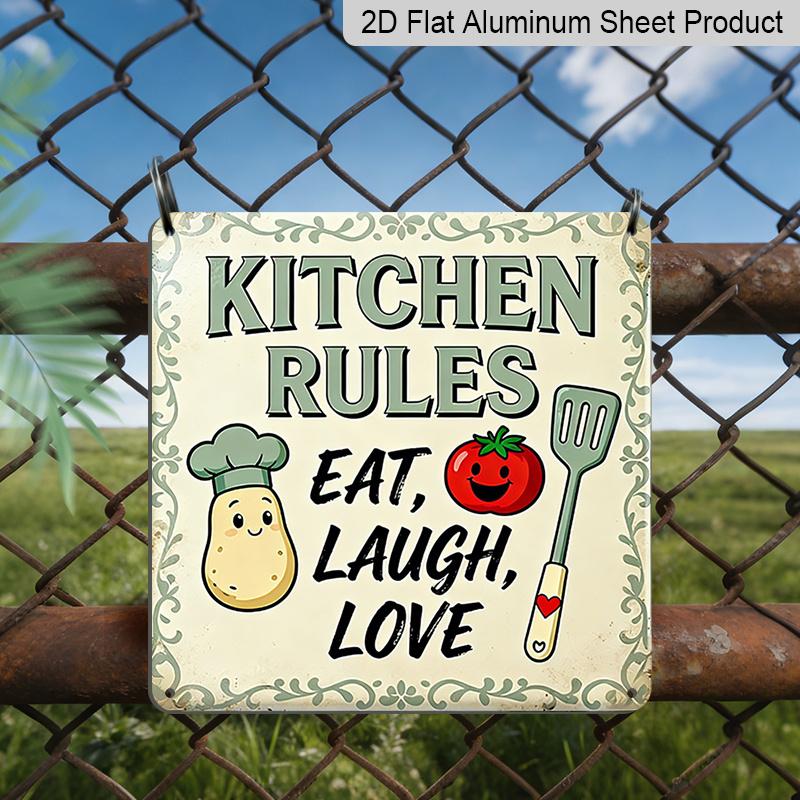 

2D Flat - 1pc, Vintage Metal Tin Sign, Outdoor Plaque & Wall Decor, Kitchen Rules: Eat, Laugh, Love Sign, Restaurant Wall Art, Cottage Kitchen 20*20cm