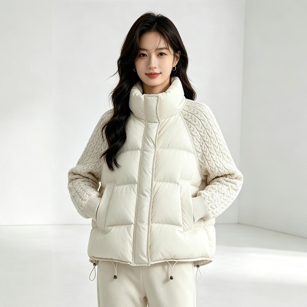 European and American Winter New Stand-up Collar Knitted Sleeves Splicing Shoulder Sleeves Down Cotton Clothes Women's Short Fashion Casu