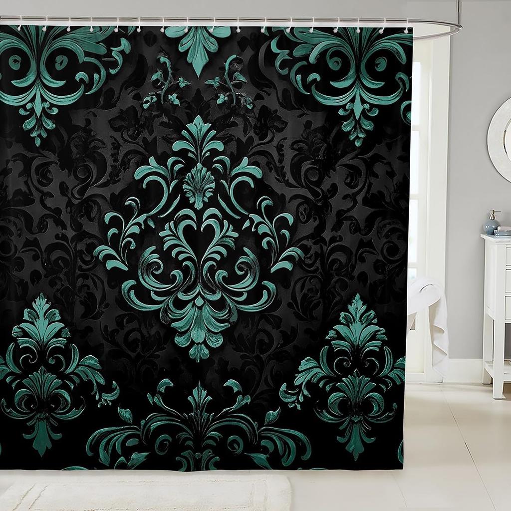 Vintage Boho Damask Floral Bathroom Curtain,Bohemian Exotic Goth Shower Curtain Victorian Baroque Flower Shower Bathtub Decor