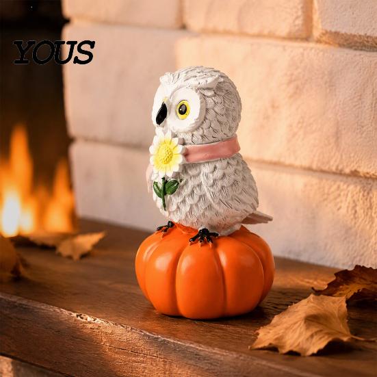 Halloween Owl Pumpkin Decor Fall Figurine, Resin On Statue with Indoor Seasonal Shelf Displays Sunflower for Autumn Thanksgiving Tabletop, Mantel,