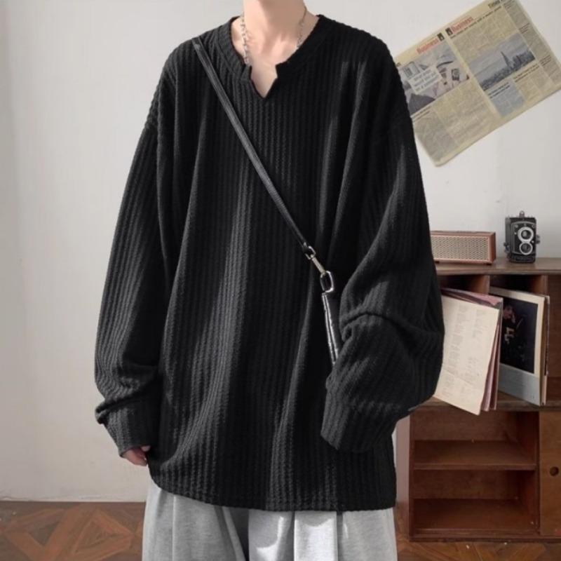 Spring Autumn V-neck Solid Color Casual Fashion Pullover Tee Male Long Sleeve All-match Bottomed T-shirt Top Men