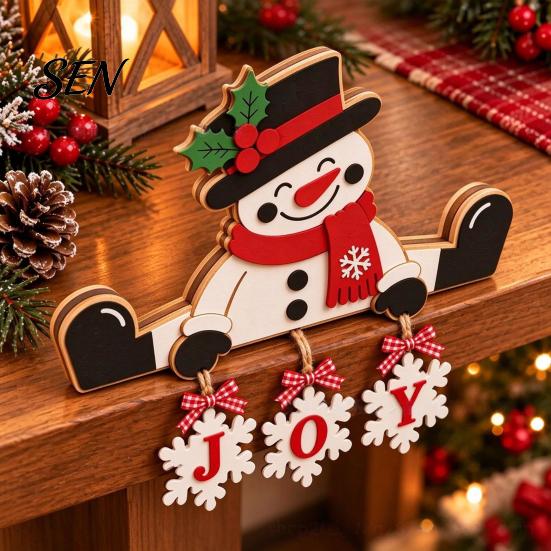 Indoor Christmas Decor Accessories Wooden Tabletop Decor, 2D Flat Hanging Shelf Sitters with JOY Ornaments, Reusable Holiday Ornaments Rustic