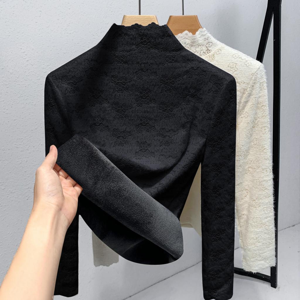 High Neck Base Shirt Women's Crochet Lace Shirt Warm Inner Layer with Thick Velvet Top