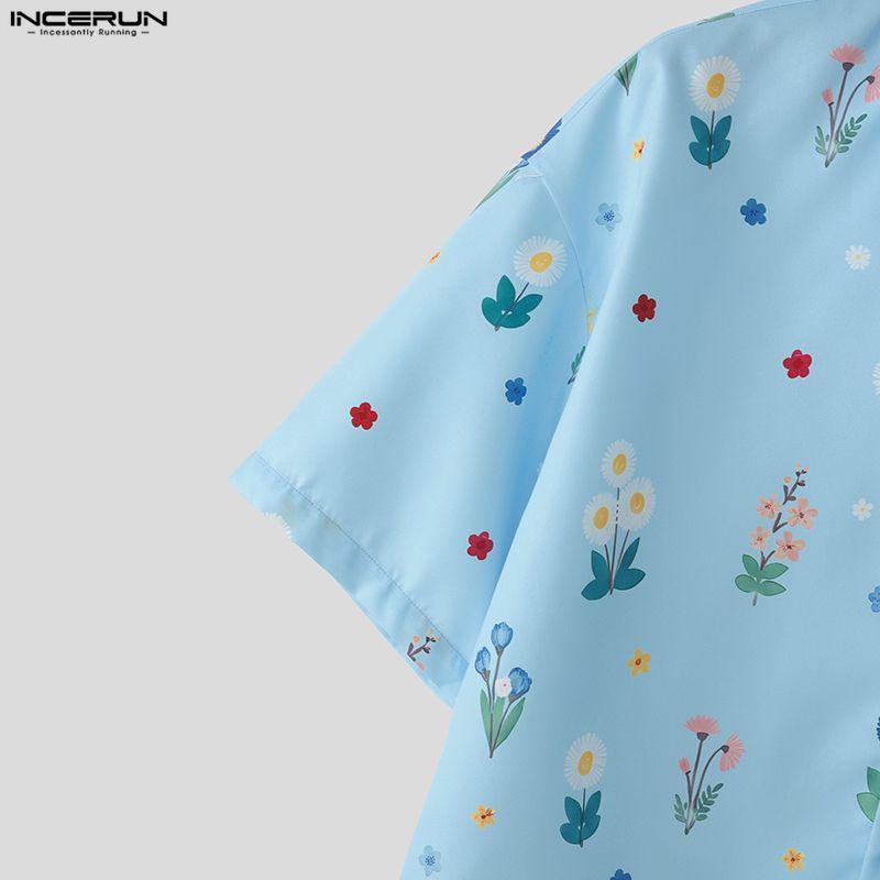 INCERUN Oversized Men Turn-down Collar Dropped Shoulder Button Up Print Casual Cropped Shirts