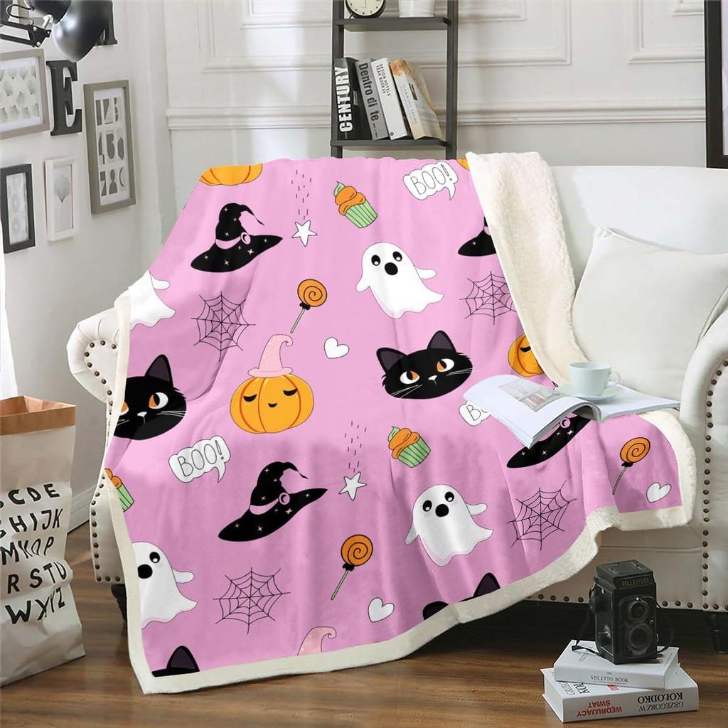 Halloween Ghost Blanket Soft Fleece Throw Pumpkin Spider Web Design Home Decor Party Gift Kids Room