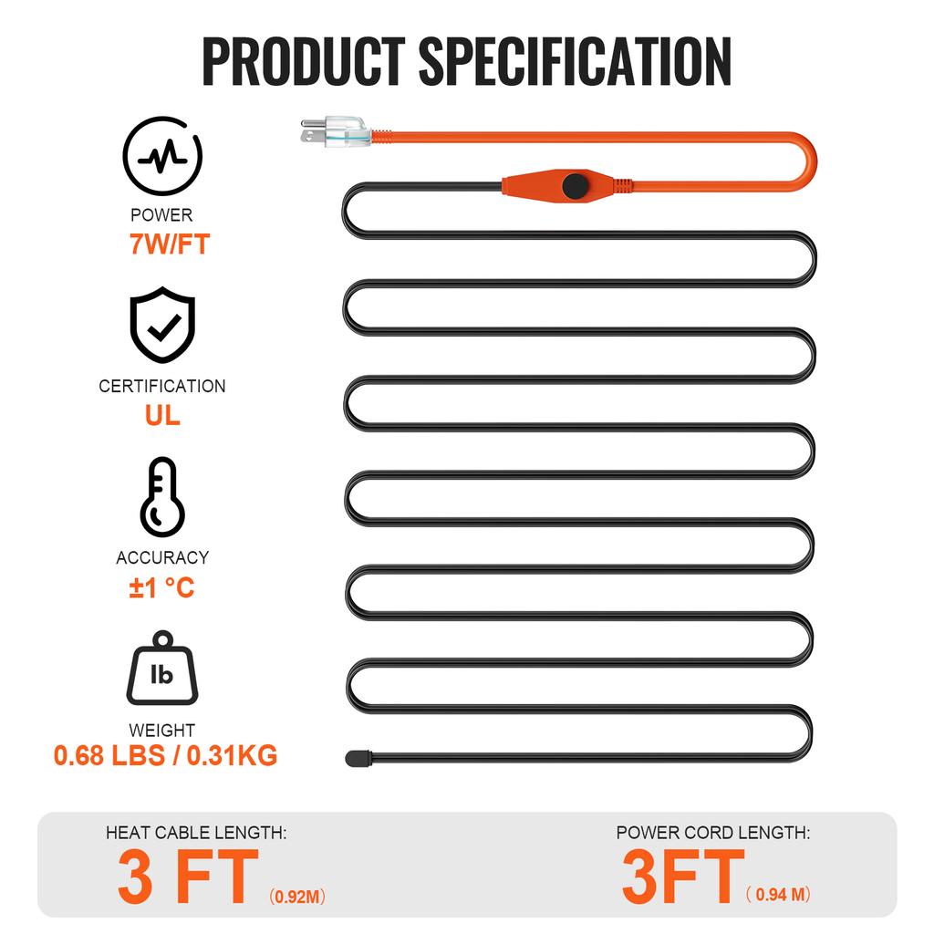 SucceBuy Pipe Heating Cable 24FT/30FT/12FT/18FT 6FT Heat Tape Pipe Heat Cable Protects PVC Hose Metal Plastic Pipe from Freezing