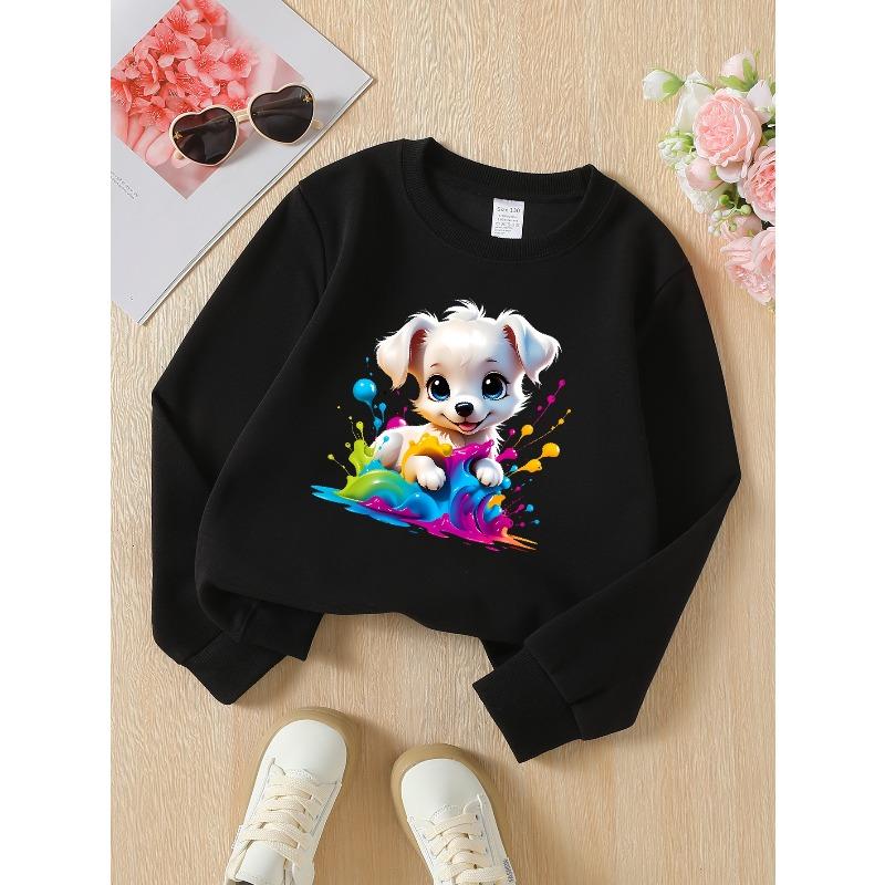 Girls Crewneck Sweatshirt Colorful Paint Splatter Puppy Art Machine Washable, Spring And Autumn 110 чёрный