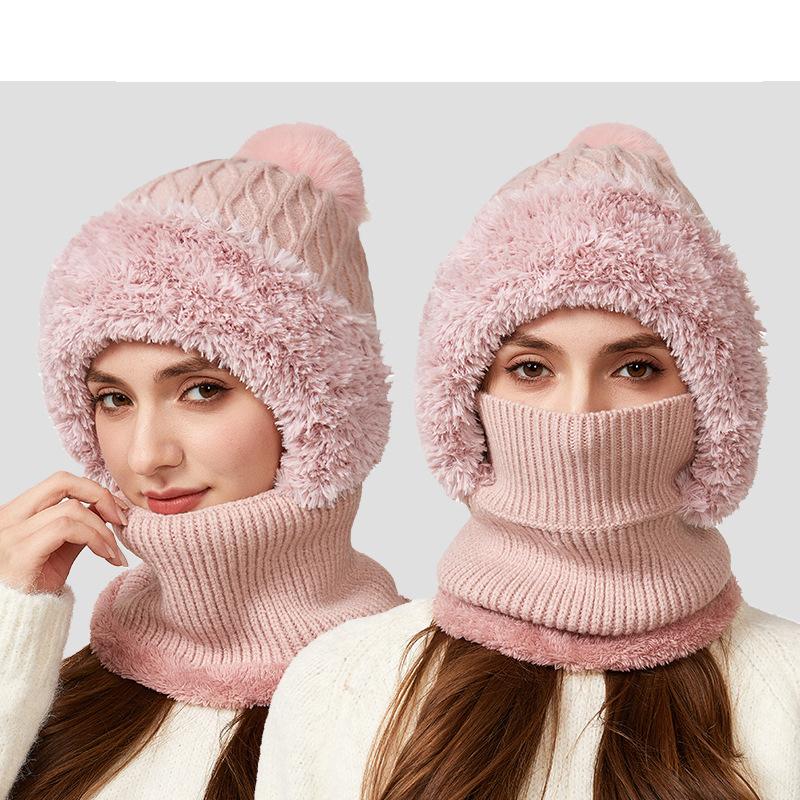 

Knitted Hat Thick Velvet Mask Scarf All-in-one Hat Winter Warm Hat for Women розовый