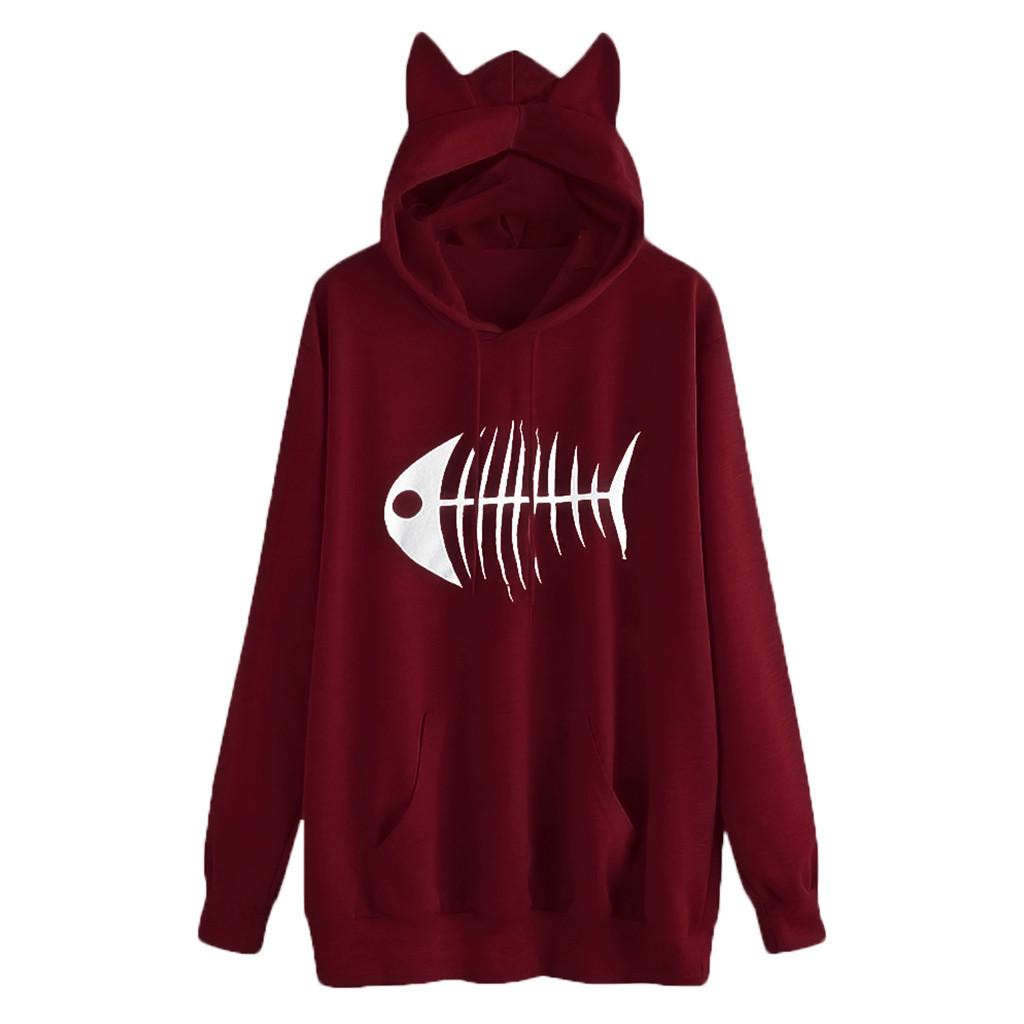 Hoodies for Women,Womens Winter Cat Ears Fishbone Print Loose Hooded Sweatshirt Short Blouse Hoodies for Women,Womens Winter Cat Ears Fishbone Print Loose Hooded Sweatshirt Short Blouse