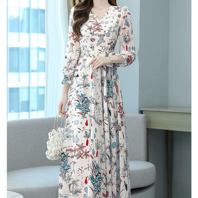 Elegant Floral Print Chiffon Dress Women's Spring Summer French Style V-neck Knee-length Fashionable Empire Waist Dresses