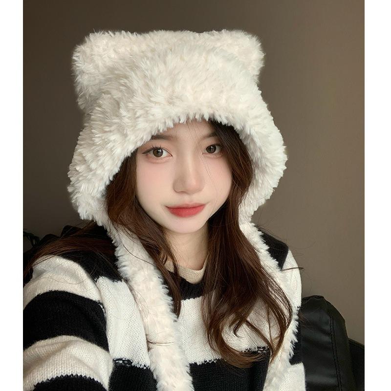 Hat Female New Autumn and Winter Cute Plush Bear Hat Warm Ear Protection Big Head Circumference Winter