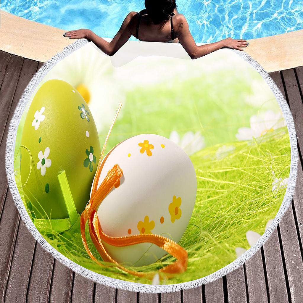 Cartoon Easter Egg Round Beach Towel with Tassels Roundie Yoga Meditation Mat Picnic Rug, Sand Proof Absorbent Circle Swim Towel
