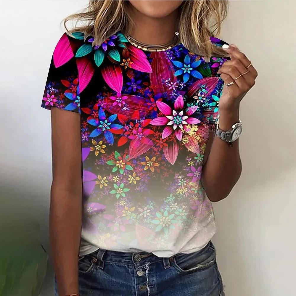 Women's T-shirts Fashion Floral Theme T Shirt Floral Plants Tees Summer Clothing Basic Female Tops Print