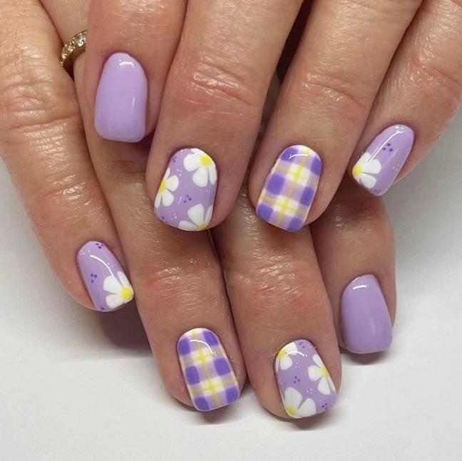 24 Wearable Nail Pieces Nail Art Wearable Nail Purple Checkered Flower Fake Nail Extension Removable Nail *3pcs