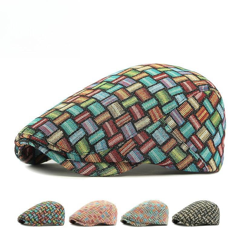 Unisex Vintage Woven Jacquard Plaid Flat Cap Retro Ethnic Style Beret Newsboy Hat Cabbie Ivy Cap for Men Women