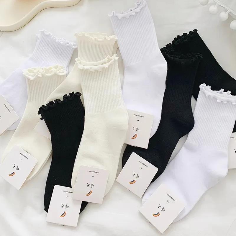1/3/5 Paar Baumwoll-Rüschen-Knöchelsocken Damen Lolita Niedlich Kawaii Koreanische Strümpfe Mädchen Frühling Schwarz Weiß Mittellange Japanische Socken