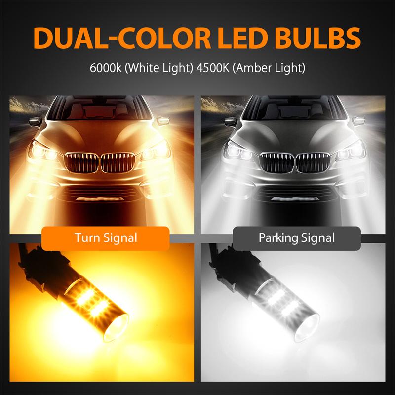4Pcs Error Free White/Amber 3157 Led Drl Switchback Turn Signal Parking Light Bulb