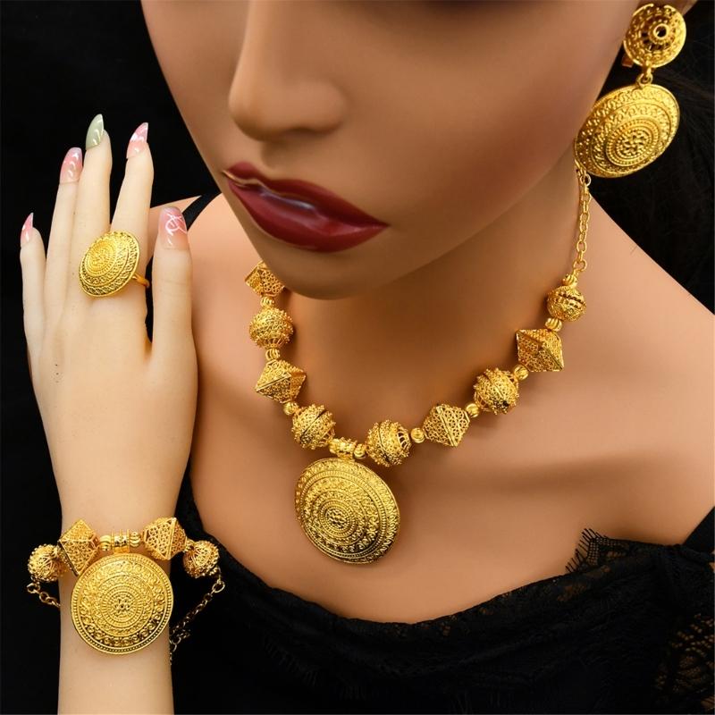 Gold Color Necklace Earring Wrist Chain and Rings Set For Bridal And Party Nigerian Weddings and Engagement Parties