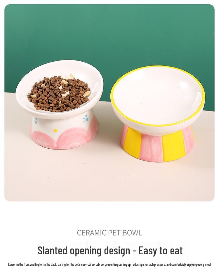 Hand-Painted Ceramic Cat Bowl: Cute, Multi-functional, Slanted for Neck Protection, High-Legged Design Suitable for Food & Water