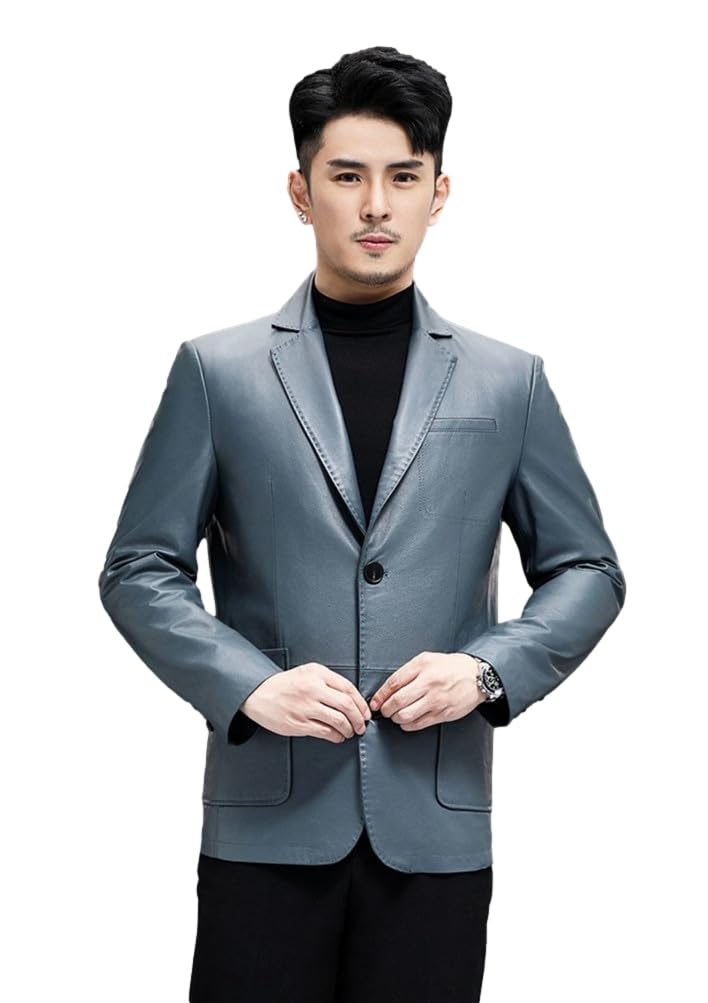 JINLUN Leather Tailored Genuine Leather Biker Slim Casual Men s Jacket, Jacket, Jacket, Formal, Fit, Adult, (XL, Blue) синий