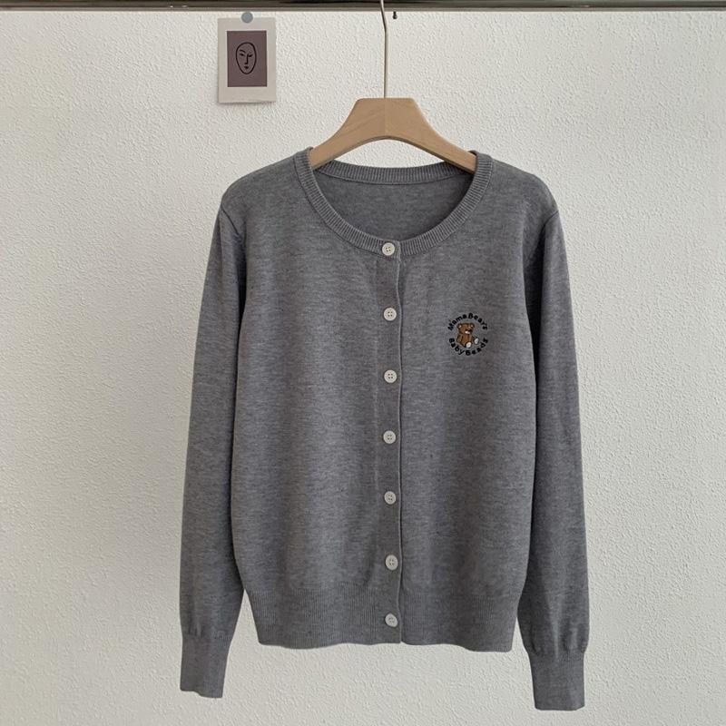 Spring Autumn Cardigan Women Soft Long Sleeved Knitted  Solid Casual Slim O Neck Tops Embroidered Teddy Bear Overcoat 30965