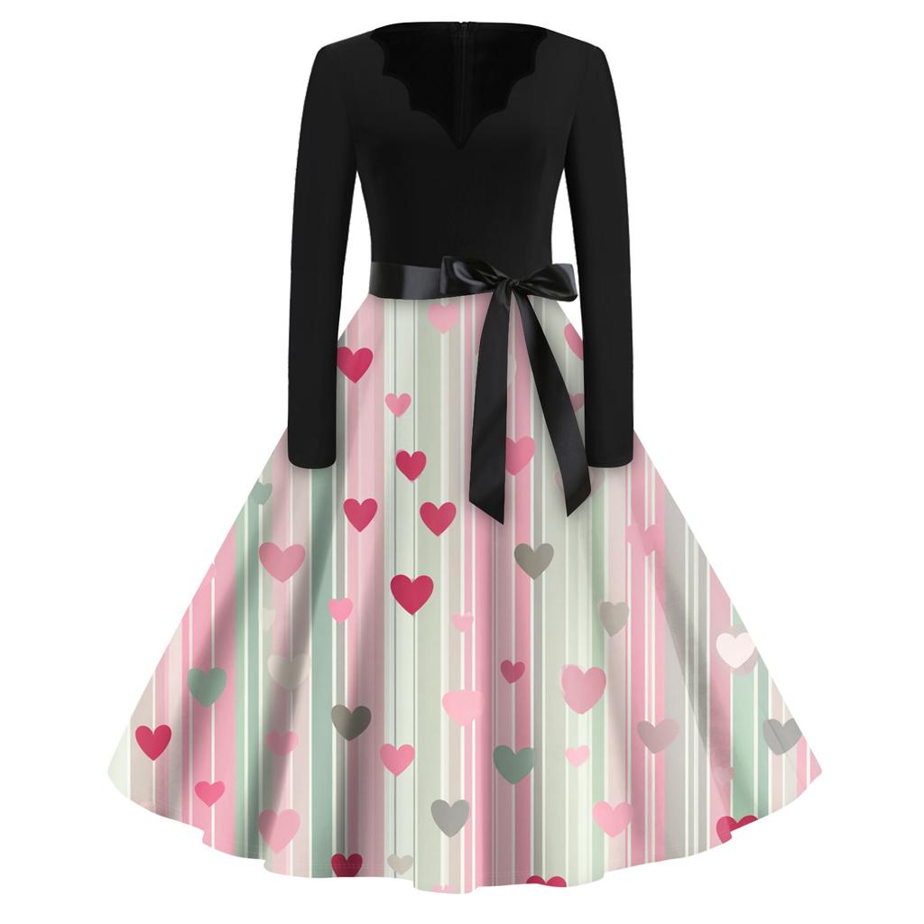 Print Flare Dress For Women Long Sleeve Dress Hollow Party Casual Dresses