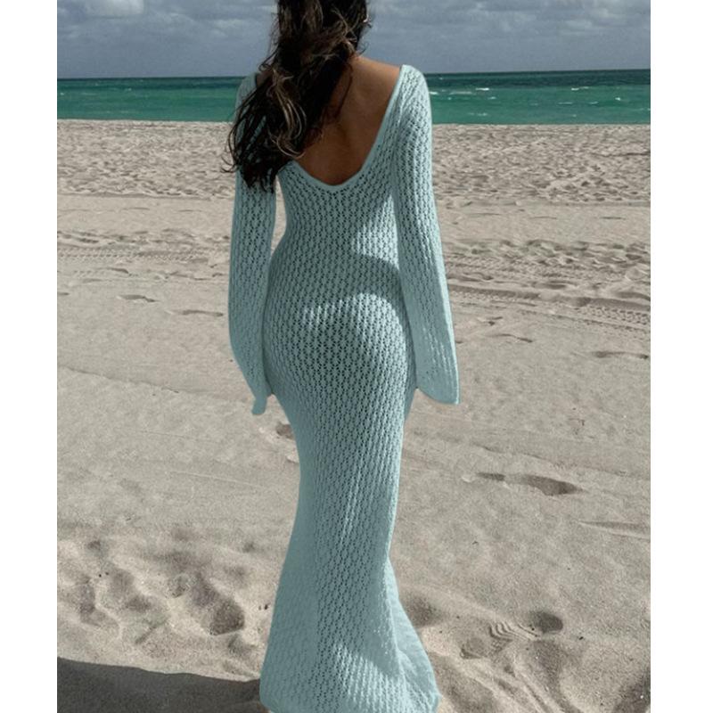 Stile Europeo e Americano Donna Estate Nuovo Texture Bucherellata Scollo a V Fibbia Rotonda Manica Lunga Vacanza Abito Lungo Spiaggia Protezione Solare Scollo a Laccio Gonna Lunga