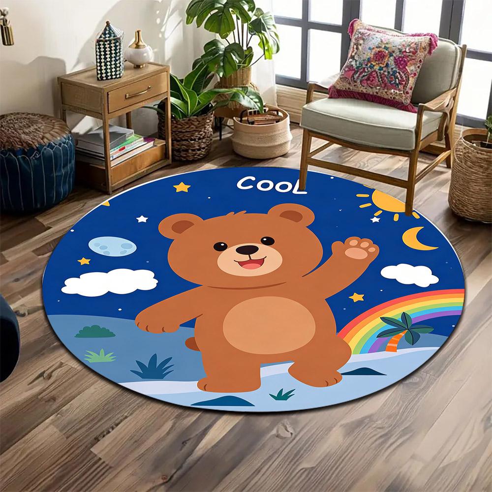 Cute Bear with Rainbow and Stars Print round rug, living room, bedroom, playroom carpet, non slip floor mat, gift