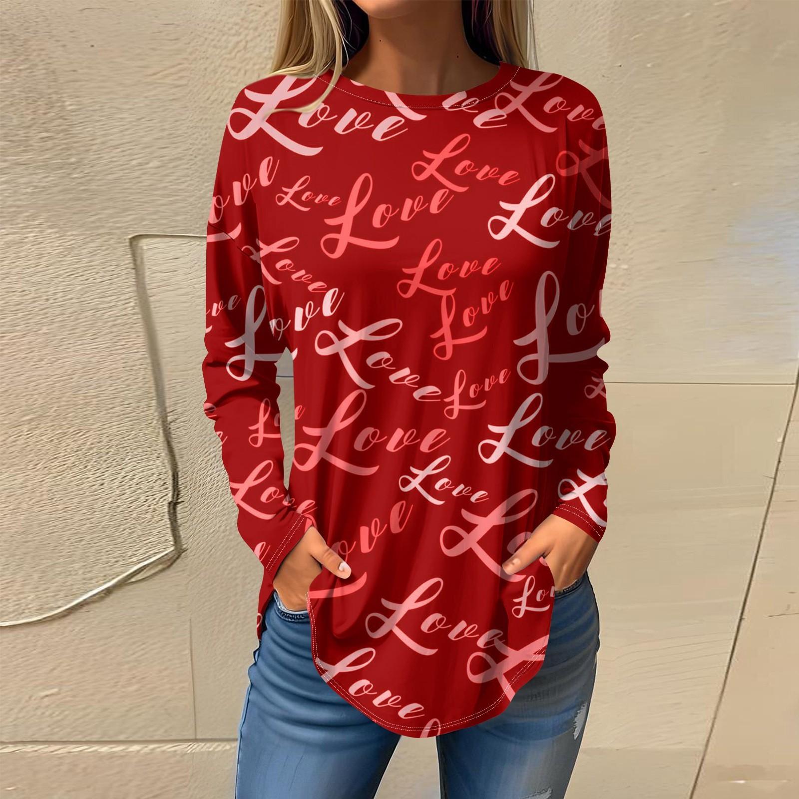 

Футболки женские осенние повседневные рубашки с длинным рукавом толстовка винтажный графический принт топ пуловер ко Дню святого Валентина XXXL красный