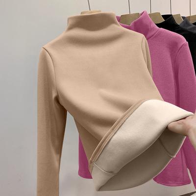 Women Winter Half High Collar Bottom Shirt Solid Semi High Collar Long Sleeve Basic T-Shirt Heating Pullovers