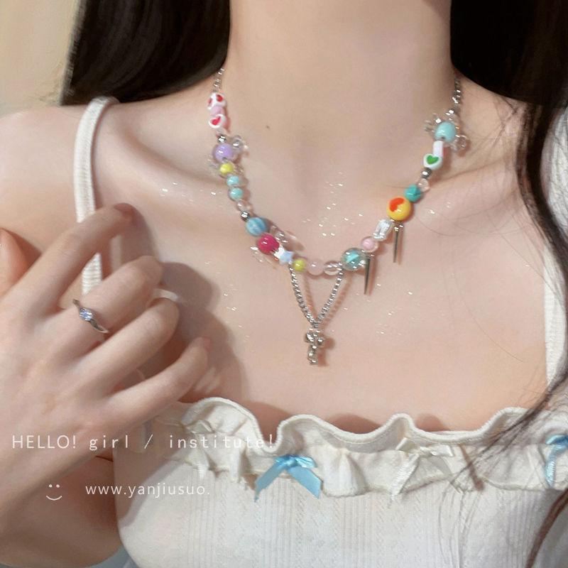Sweet Cool Girl~ Color Beaded Love Necklace Women's ins Tide Niche Design Light Luxury Premium Versatile Clavicle Chain