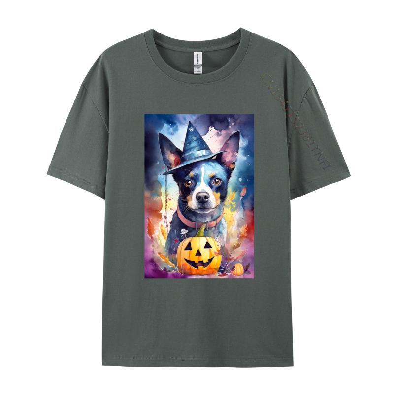Halloween Blue Heeler With Pumpkins Dog T Shirt New Coming Cotton Adult T Shirt Slim Fit Fitted Round Neck TShirt