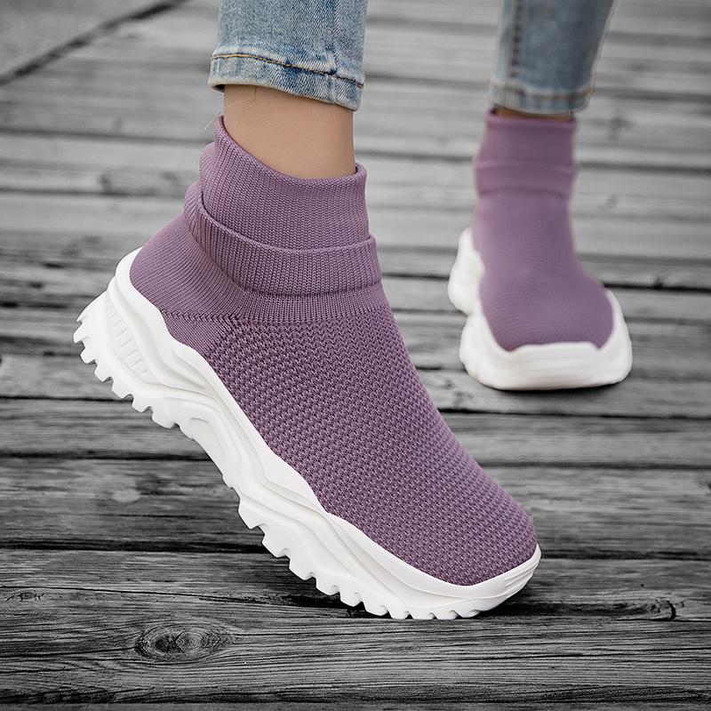 Women's Fashionable Off-White Mid-Top Socks Sneakers Easy To Put On and Take Off Mesh Thick-Soled Knitted Shoes Lightweight and