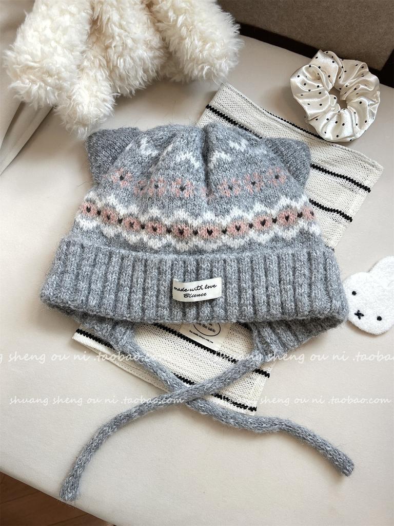 Cute cat ears Fair Island wool hat women's winter plush warm hat headband hat knitted hat shows a small trend