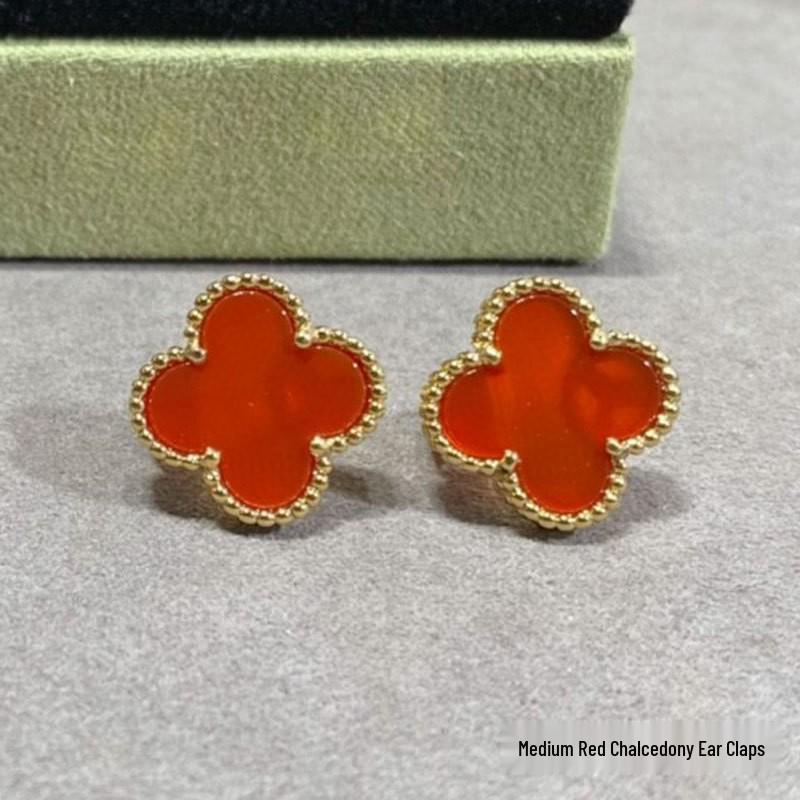 High-Version 18K Rose Gold Earrings: Four-Leaf Clover with White Mother-of-Pearl & Red Agate - Fashionable, Luxurious, INS Style.