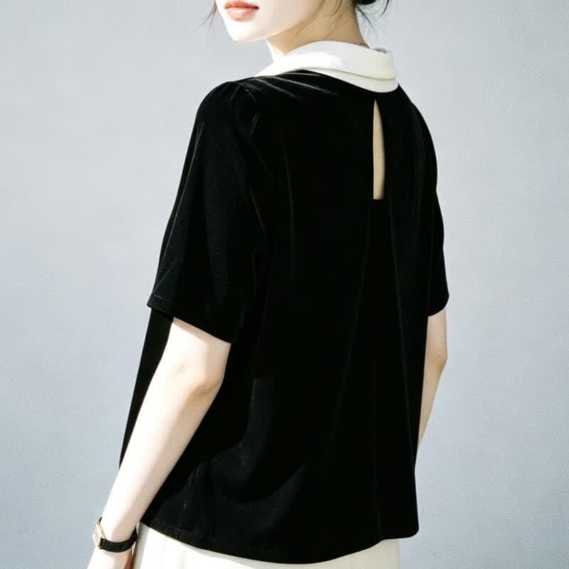 Women's Mulberry Silk Velvet Color-block Short Sleeve T-shirt