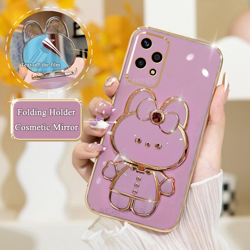 Luxury Plating Mirror Holder Case On For Huawei Honor 200 Honor200 Lite 200lite 50 70 90 Pro X8 X8a X6 X8b Silicone Stand Cover