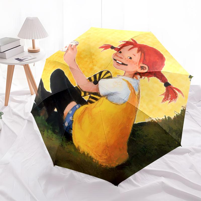 Pippi Longstocking Themed Travel Umbrella-8 Ribs Automatic Opening and Closing, Portable Folding Design, Compact and Stylish Umbrella Suitab