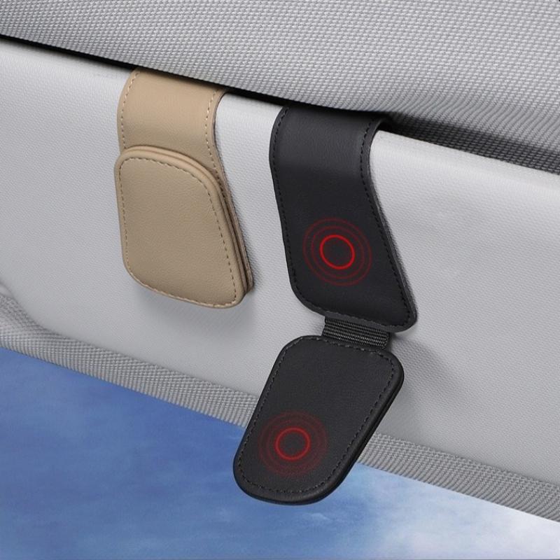 Sunglasses Holder For Car Sun Visor Leather Eyeglass Holder Ticket Card Clip Magnetic Car Glasses Holder Car Visor Accessories