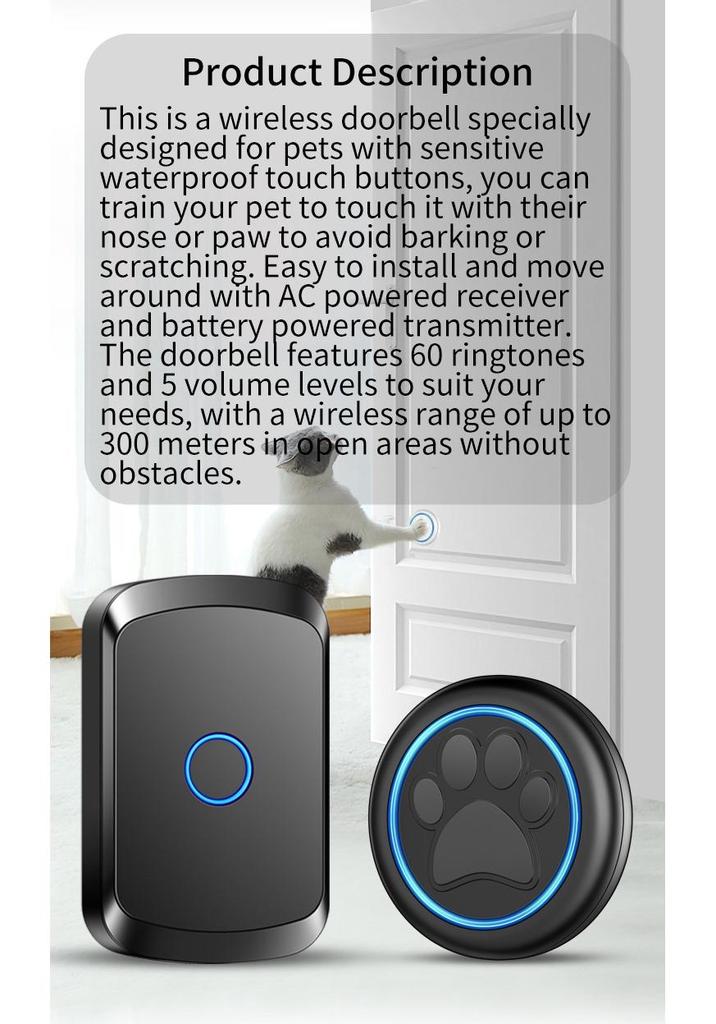 Wireless Waterproof Dog Training Doorbell with Touch Button, 60 Melodies, 5 Volume Levels, 1 Receiver + 2 Transmitters