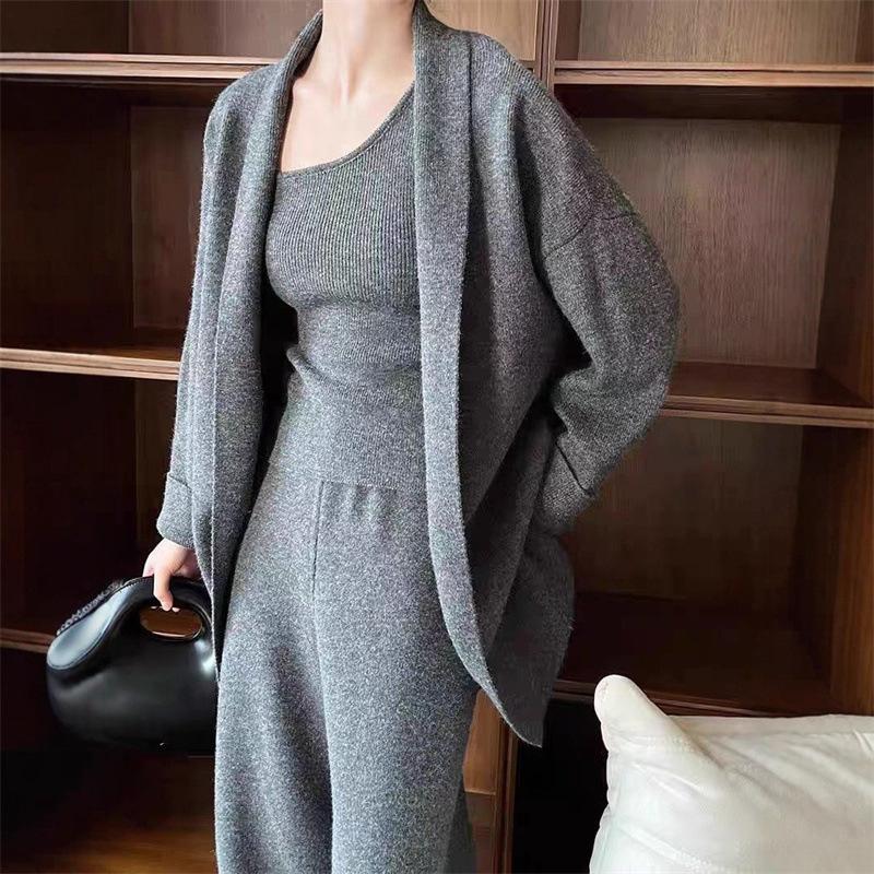 High-end Knitted Sweater Set 2025 Autumn and Winter New Cardigan + Vest + Wide-leg Pants Three-piece Set for Women