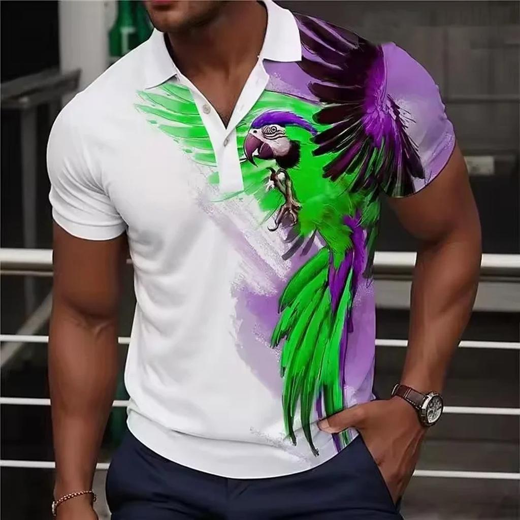 Trendy Men's Parrot Graphic Short-sleeve Polo Shirt, Casual Fashion Top