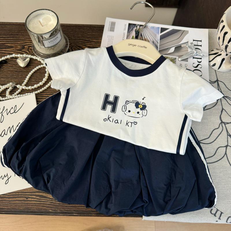 

2025 Korean Style Girls Printed T-Shirt & Tulip Skirt Summer Two-Piece Set 130cm