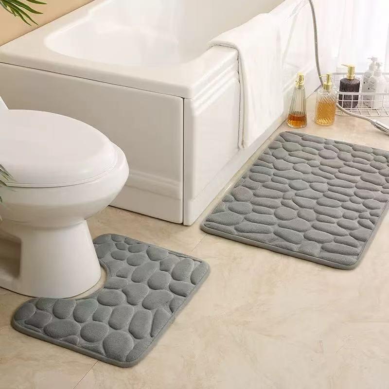Pebble Embossed Fleece Bath Mat Set - 2-Piece, Non-Slip, Water Absorbent, Sponge Foot Mat