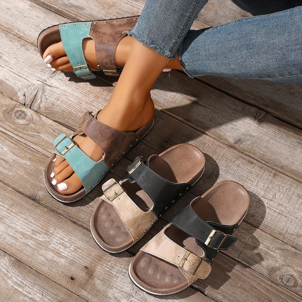 Sandales plates rétro géométriques à boucle métallique pour femmes, à bout ouvert, chaussures d'été pour la plage, pantoufles pour femmes