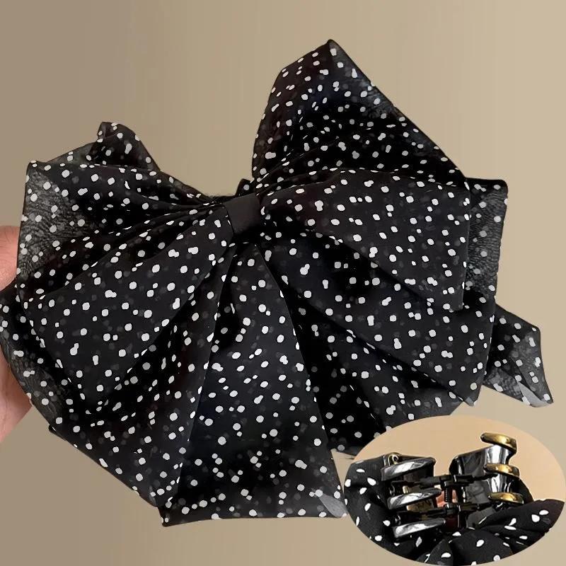 Polka Retro Dot Mesh  Big Bow Hair Clip for Woman Elegant Temperament Back of The Head Grab Clip Fashion Girl Hair Clamp