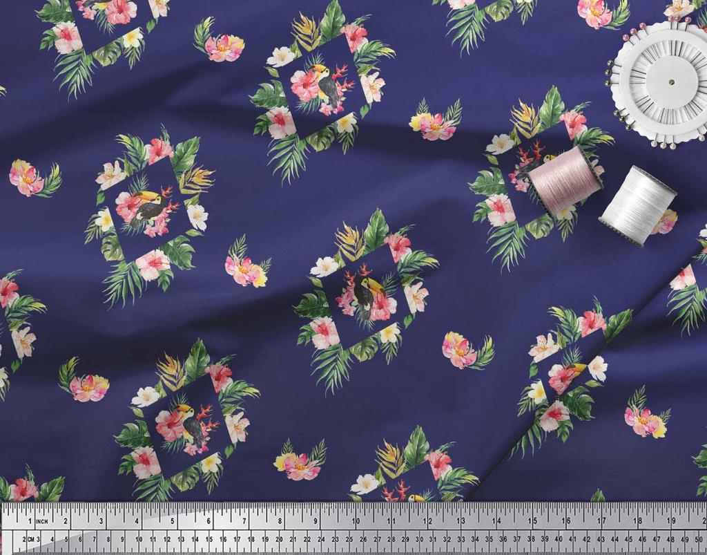 Soimoi Blue Poly Crepe Satin Fabric Bird & Floral Print Print Fabric by the Metre 42 Inch