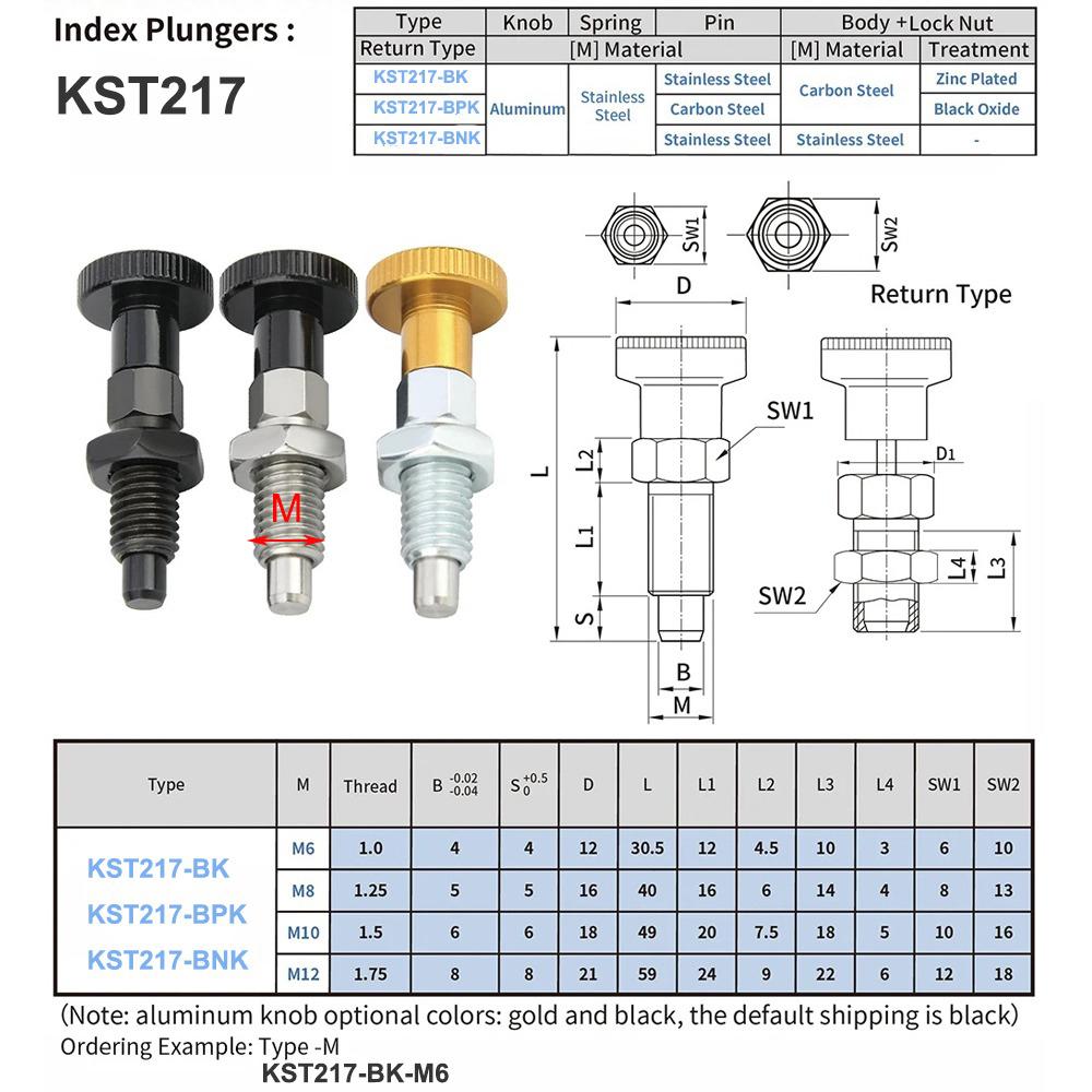 Self Locking/Return-Type Index Bolts Aluminum Knob Plungers Index Pin Simple Structure Indexing Plungers With Lock-Nut 1pc KST217-BK-M6 чёрный